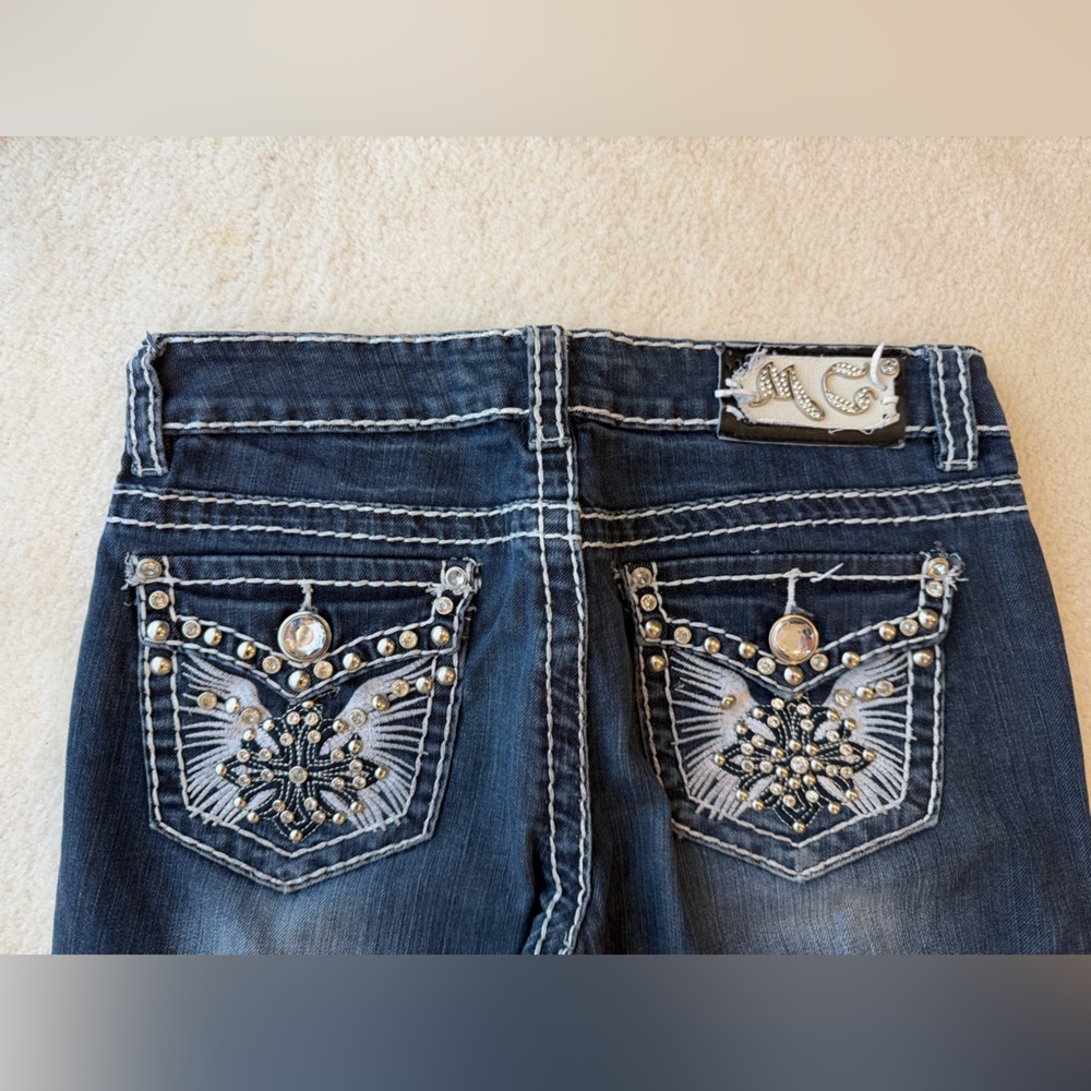 Miss Chic Dark Blue White Stitching Studs Dazzled Pocket Boot Cut Jeans